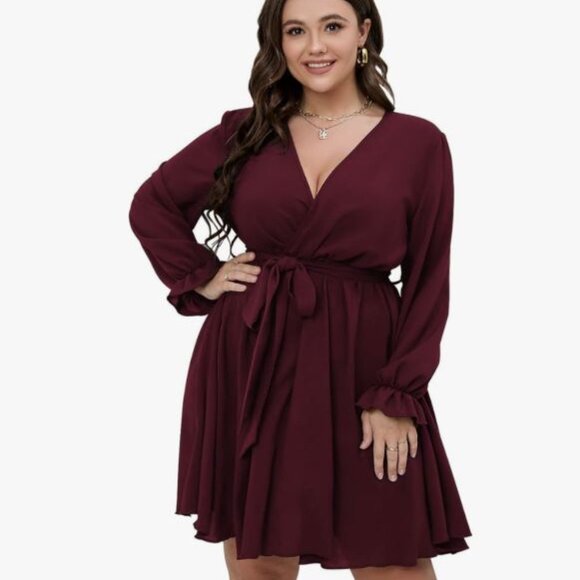 Women's Plus Size 3XL Long Sleeve Wrap V Neck Tie Waist A Line Dress Burgundy - Picture 5 of 11